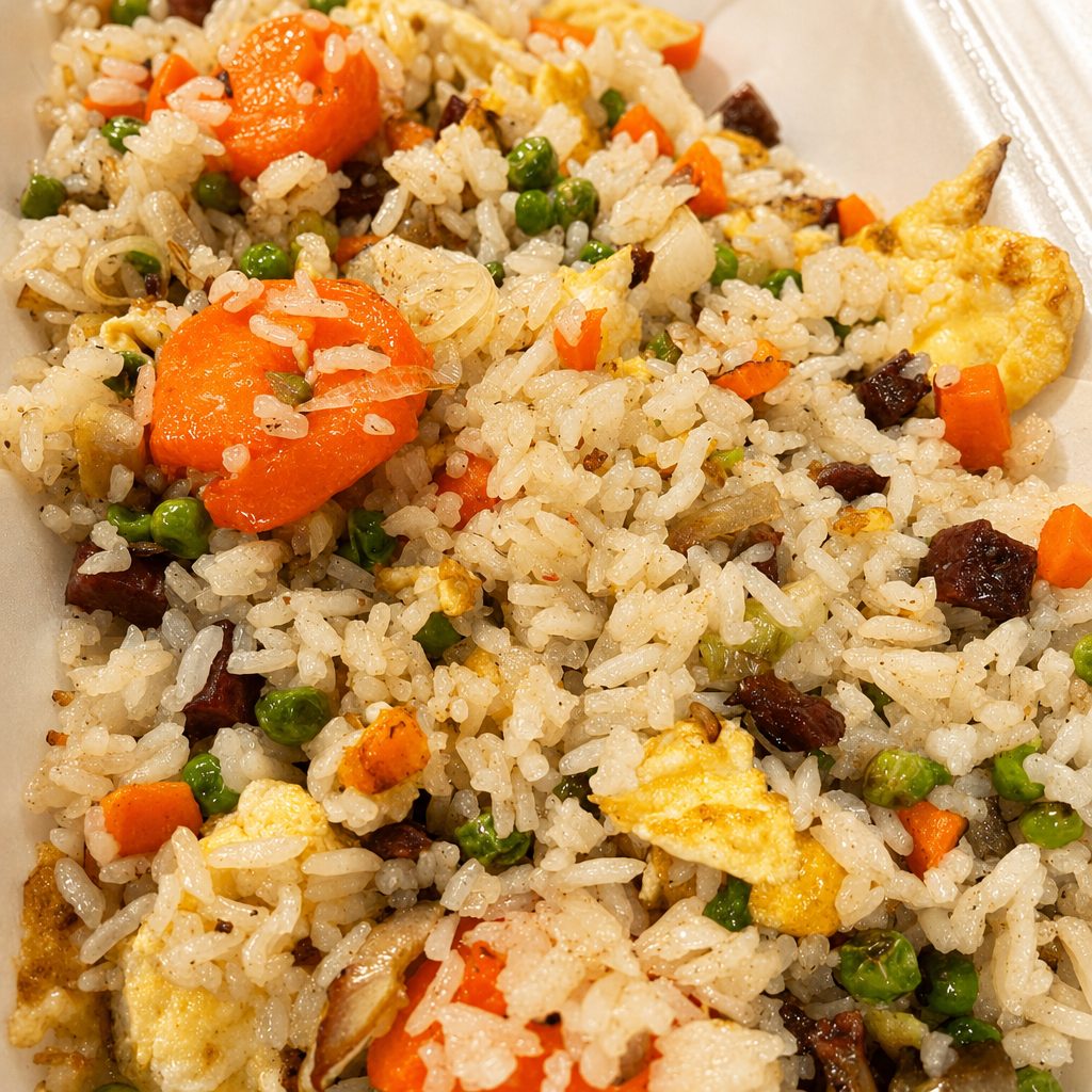 72. Cơm Chiên Sài Gòn - Shrimp, Egg, Sausage, & BBQ Pork Fried Rice.
