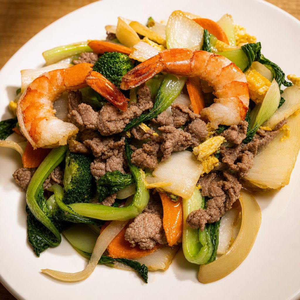 13. Mì Xào Tôm, Thịt - Shrimp & Beef With Egg Noodle.