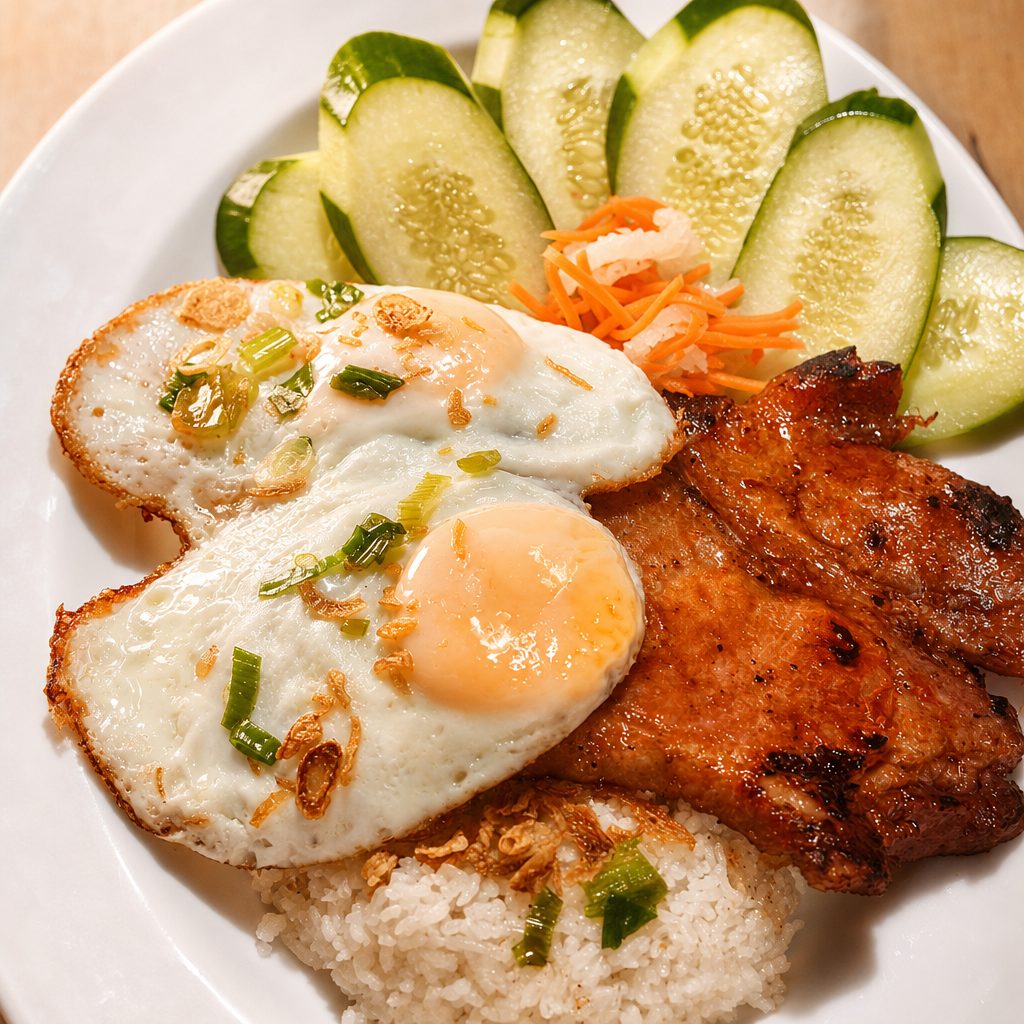 67. Cơm Tấm, Thịt Nướng, Trứng Chiên - Grilled Pork Chop & 2 Eggs.